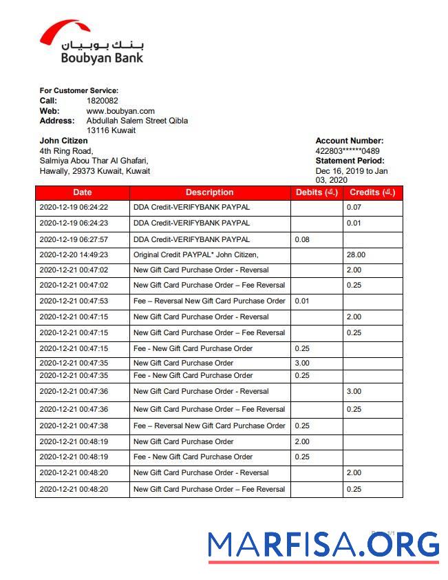 Downloadable Kuwait Boubyan bank proof of address statement word sample